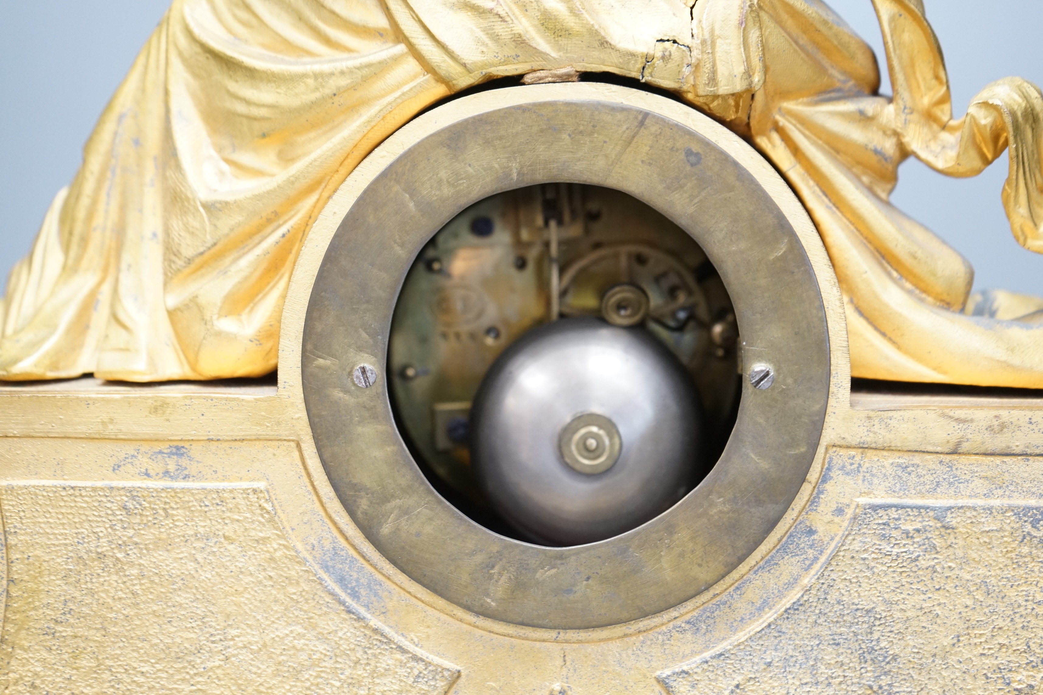 A 19th century 'Mother and child' French ormolu clock on plinth base, 44cm high